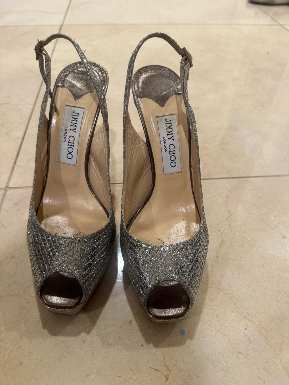 Jimmy Choo Silver Glitter Peep-Toe Slingback Heels